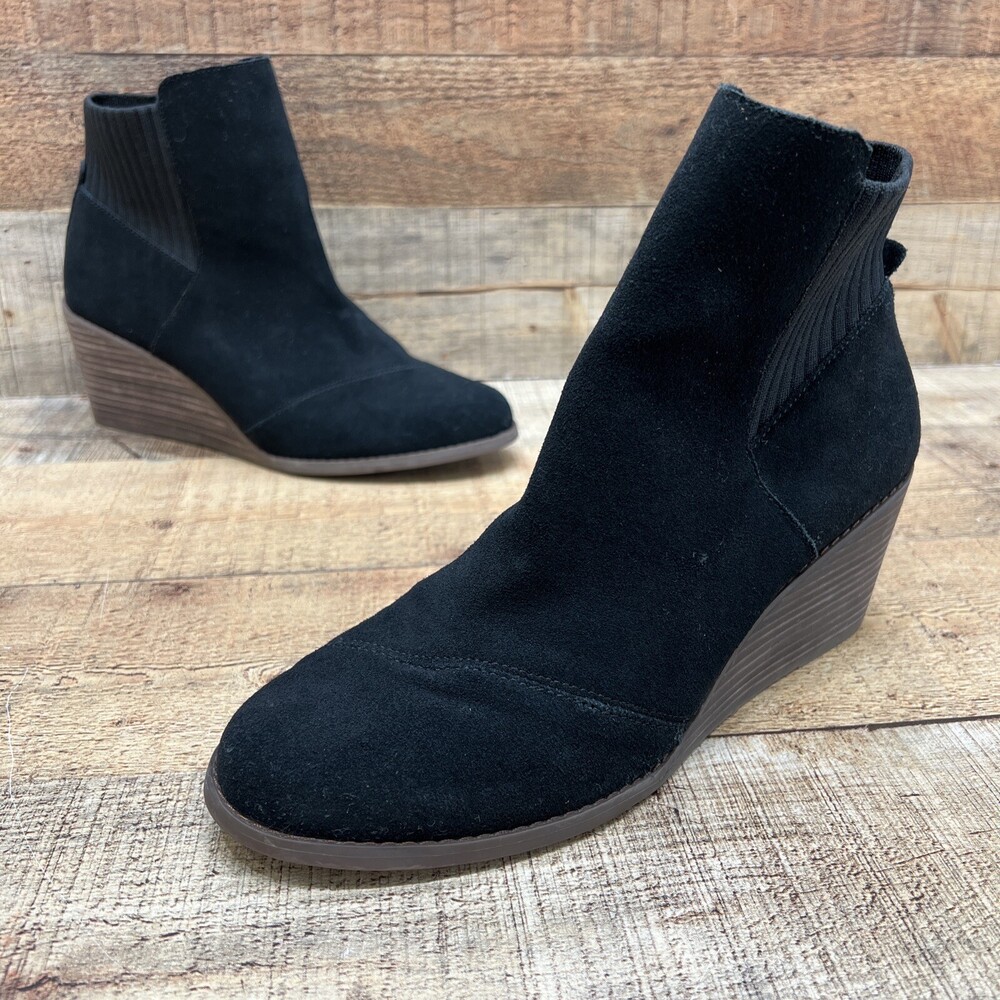 Tom’s Womens Black Suede Side Zip Wedge Ankle Booties Size 10